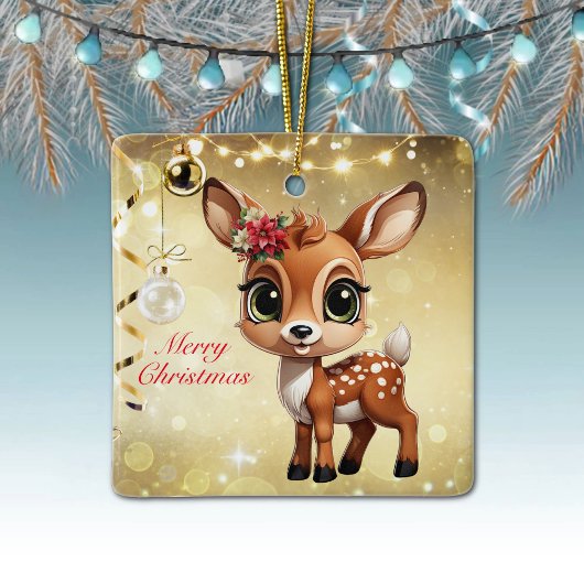 Baby Herten, Fawn, Doe 🦌🎄Goud Vrolijk Kerstfeest Keramisch Ornament