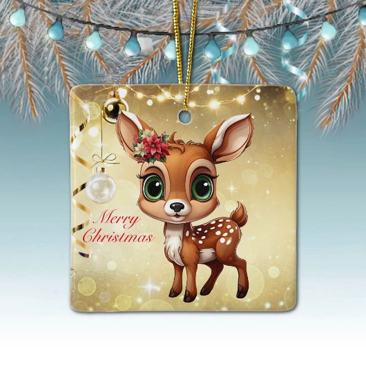 Baby Herten, Fawn, Doe 🦌🎄Goud Vrolijk Kerstfeest Keramisch Ornament