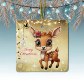 Baby Herten, Fawn, Doe 🦌🎄Goud Vrolijk Kerstfeest Keramisch Ornament