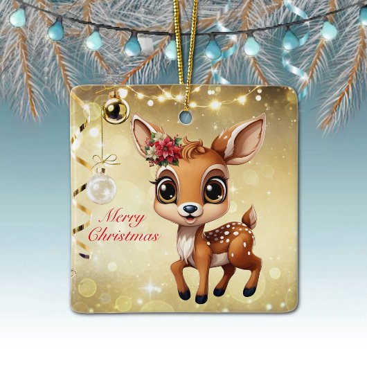 Baby Herten, Fawn, Doe 🦌🎄Goud Vrolijk Kerstfeest Keramisch Ornament
