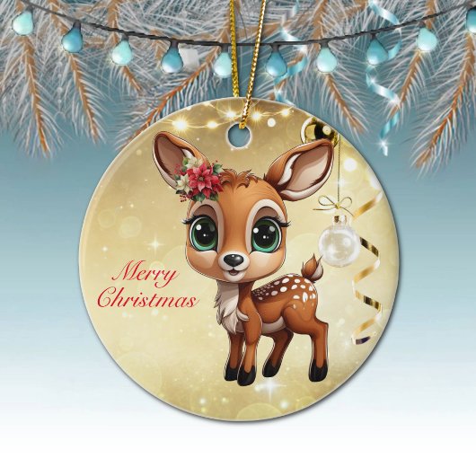 Baby Herten, Fawn, Doe 🦌🎄Goud Vrolijk Kerstfeest Keramisch Ornament