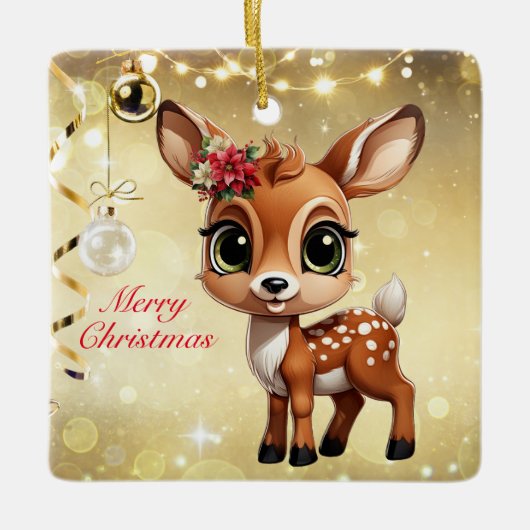 Baby Herten, Fawn, Doe 🦌🎄Goud Vrolijk Kerstfeest Keramisch Ornament (Voorkant)