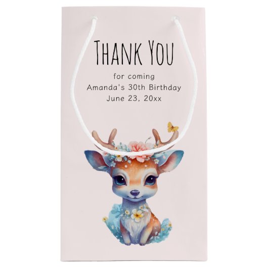 Baby Herten met gewei en bloemen feest dank u Klein Cadeauzakje (Achterkant)