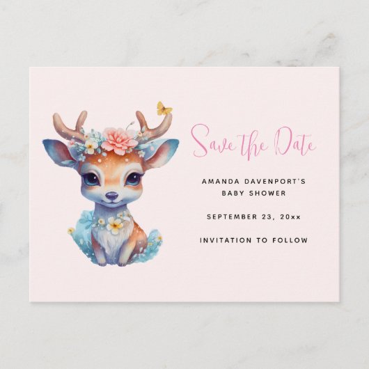 Baby Herten met geweien en bloemen Bewaar de datum Uitnodiging Briefkaart (Voorkant)