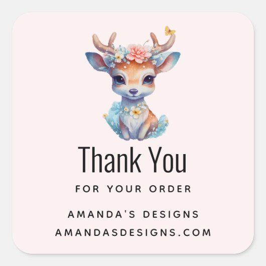 Baby Herten met geweien en bloemen Zakelijke Bedan Vierkante Sticker (Voorkant)