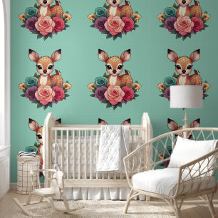 Baby Herten met Rozen en groen gebladerte Behang