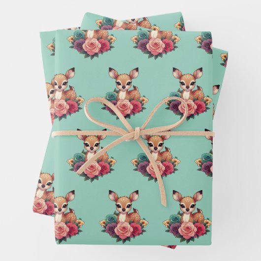 Baby Herten met Rozen en groen gebladerte Inpakpapier Vel (In situ)