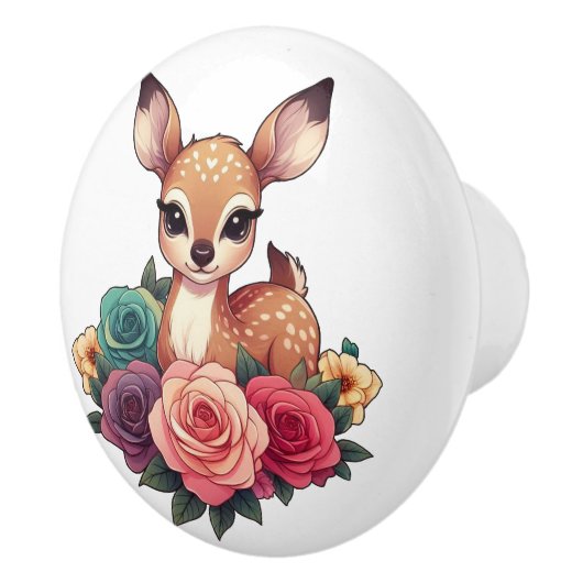 Baby Herten met Rozen en groen gebladerte Keramische Knop (Rechts)