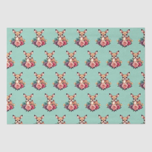Baby Herten met Rozen en groen gebladerte Tissuepapier (Voorkant)