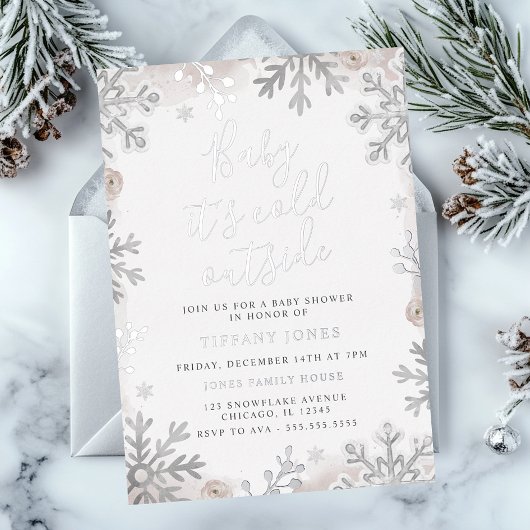 Baby Het is Cold Blush Snowflake Baby shower Folie Uitnodiging