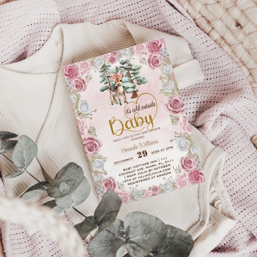 Baby Het is koud Bloemen Herten Baby Meisje Douche Kaart