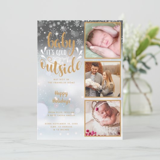 Baby het is koud buiten 3 Foto Geboorteaankondigin Feestdagenkaart (Staand voorkant)