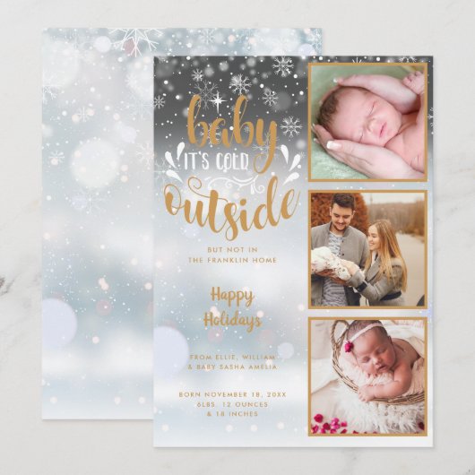 Baby het is koud buiten 3 Foto Geboorteaankondigin Feestdagenkaart (Voorkant / Achterkant)