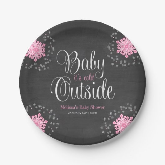 Baby Het is koud buiten Baby shower van roze sneeu Papieren Bordje (Voorkant)