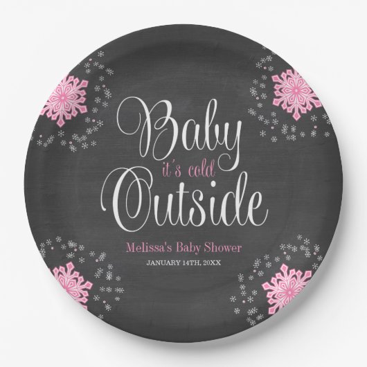 Baby Het is koud buiten Baby shower van roze sneeu Papieren Bordje (Voorkant)