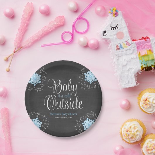Baby Het is Koud Buiten Blauwe Snowflakes Baby sho Papieren Bordje (Feest)