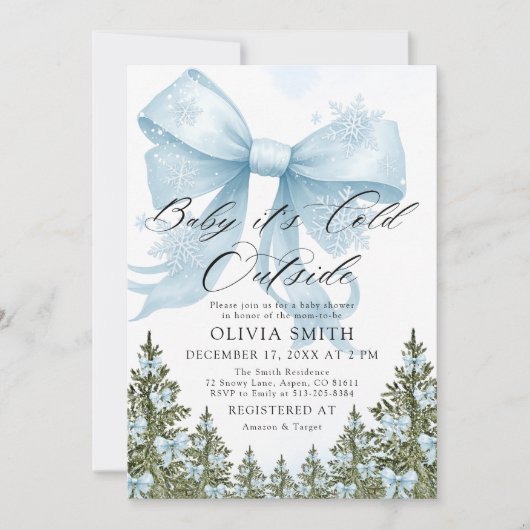 Baby Het is koud buiten Blue Bow Winter Baby showe Kaart (Voorkant)