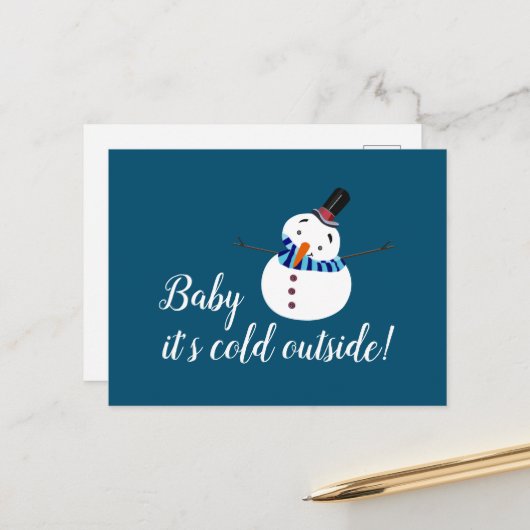 Baby Het is koud buiten, Blue Snowman Briefkaart (Voorkant / Achterkant in situ)