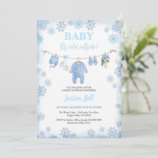 Baby Het is koud buiten Boy Baby shower Blue Winte Kaart (Staand voorkant)