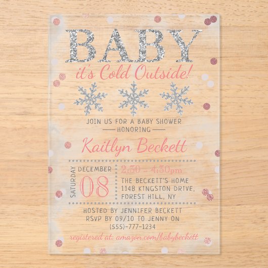 Baby Het is koud buiten Girls Winter Baby shower Acryl Uitnodigingen (Voorkant)