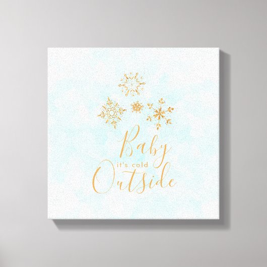 Baby het is koud buiten goudneeuwvlokken op blauw canvas afdruk (Voorkant)