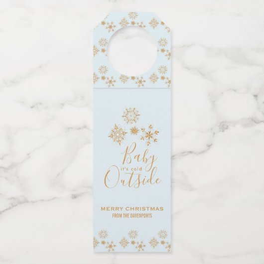 Baby het is koud buiten goudneeuwvlokken op blauw flessenhanger (Voorkant)