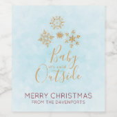 Baby het is koud buiten goudneeuwvlokken op blauw wijn etiket (Enkel label)