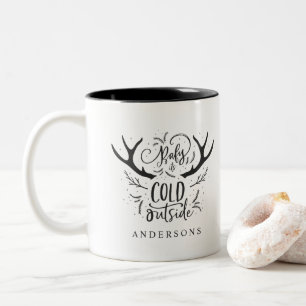 Baby het is koud buiten hert kerstvakantie tweekleurige koffiemok