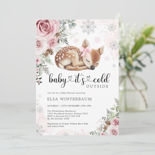 Baby Het is koud buiten Herten Roze Bloemen Baby G Kaart (Staand voorkant)