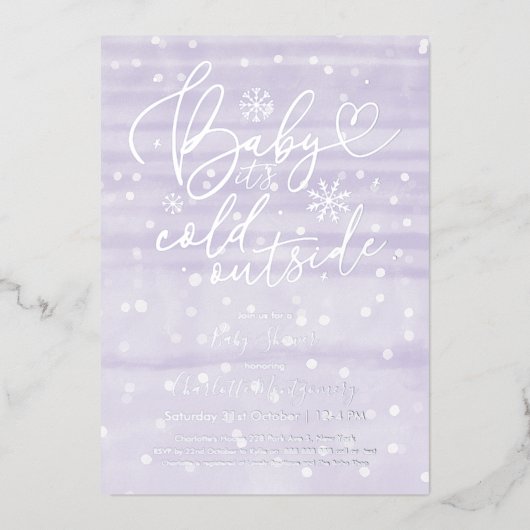 Baby Het is koud buiten het Paarse Baby shower van Folie Uitnodiging (Voorkant)