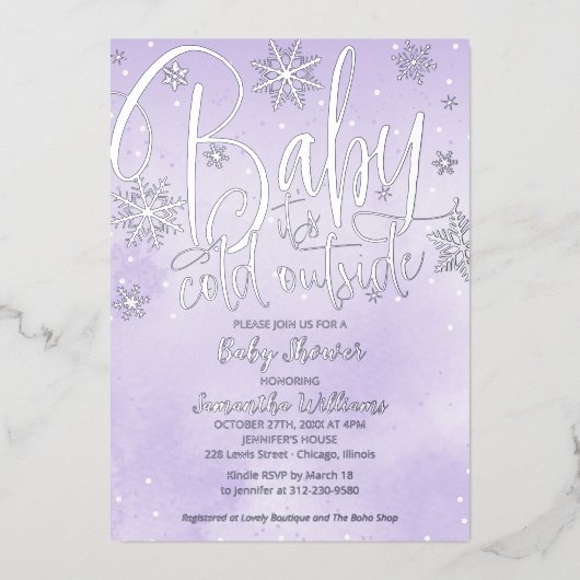 Baby Het is koud buiten het Paarse Baby shower van Folie Uitnodiging (Voorkant)