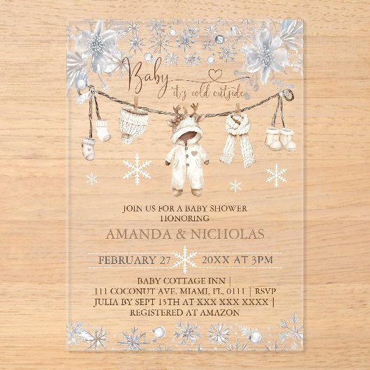 Baby Het is koud buiten kleding Baby shower Acryl Uitnodigingen (Voorkant)