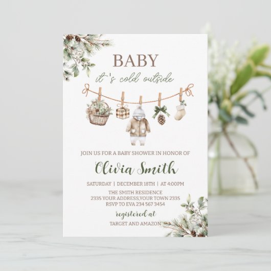 Baby het is koud buiten kledinglijn baby shower kaart (Staand voorkant)