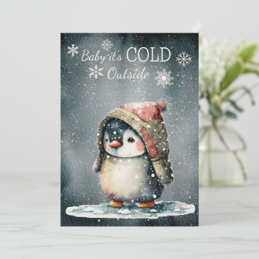 Baby Het is koud buiten pinguïn Feestdagenkaart (Staand voorkant)