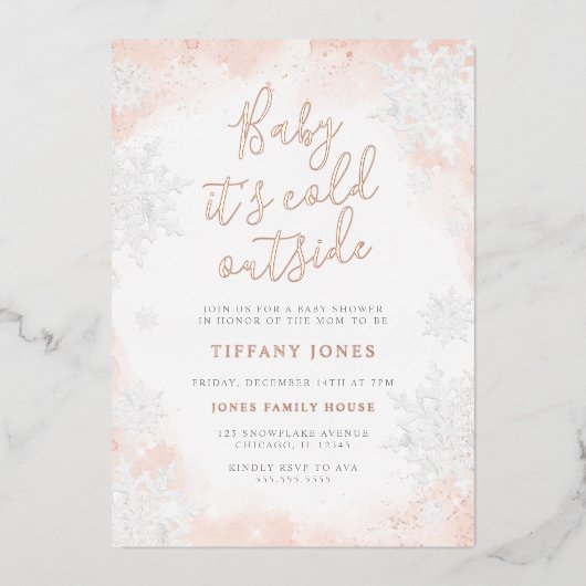 Baby het is koud buiten Roze Baby shower Folie Uitnodiging (Voorkant)