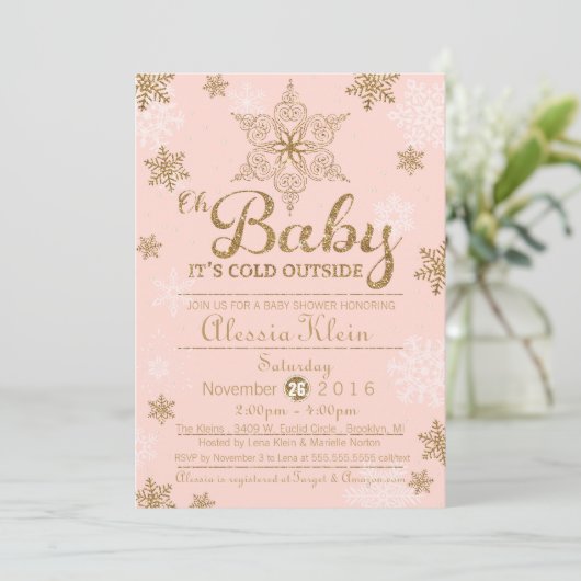 Baby Het is Koud Buiten, Roze & Gold Baby shower Kaart (Staand voorkant)