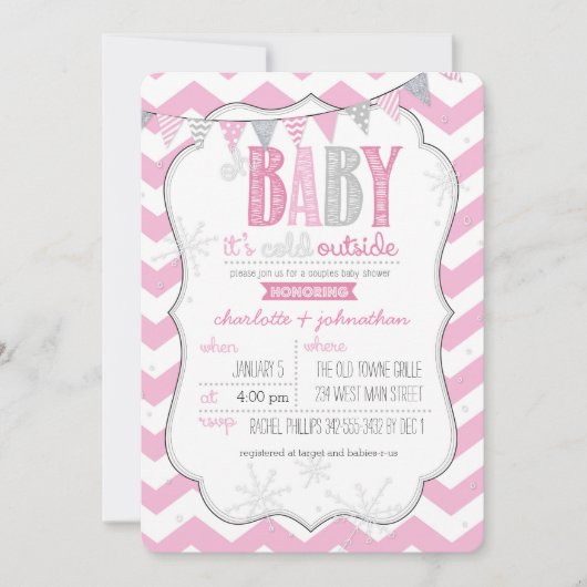 Baby Het is koud buiten roze koppels Douche Uitnod Kaart (Voorkant)