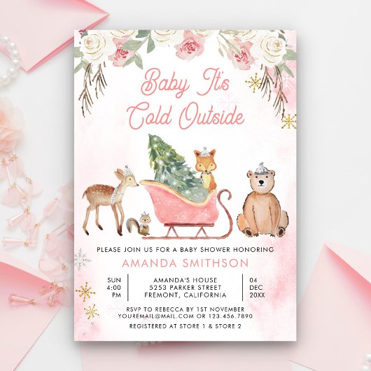 Baby Het is koud buiten roze slee Baby shower Kaart
