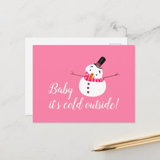 Baby Het is koud buiten, roze Snowman Briefkaart (Voorkant / Achterkant in situ)