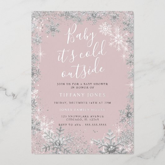 Baby Het is koud Buiten Roze Zilver Baby shower Folie Uitnodiging (Voorkant)