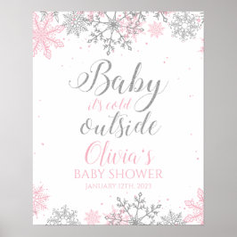 Baby Het is koud Buiten Roze Zilver Baby shower Poster