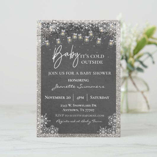 Baby Het is koud buiten Silver Snowflake Mason Jar Kaart (Staand voorkant)