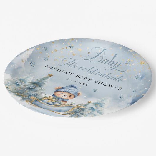 Baby Het is koud Buiten Winter Beer │Blauw Goud Papieren Bordje (Gekanteld)