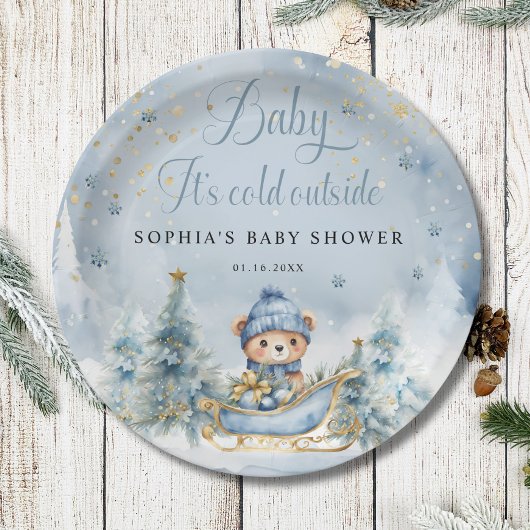 Baby Het is koud Buiten Winter Beer │Blauw Goud Papieren Bordje