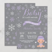 Baby het is koud buiten Winter Paarse Baby Shower Kaart (Voorkant / Achterkant)