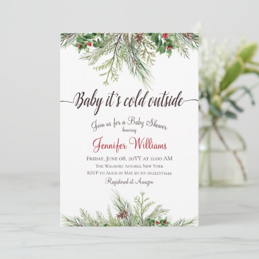 Baby Het is koud buiten Winter Pine Baby shower Kaart (Staand voorkant)