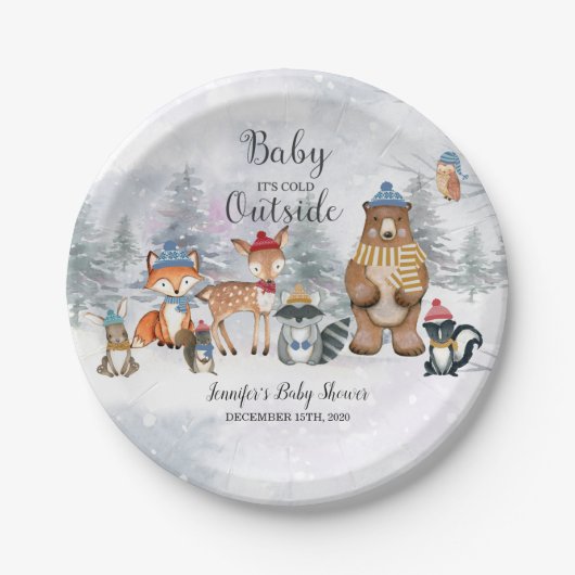 Baby Het is Koud Buiten Winterbos Baby shower Papieren Bordje (Voorkant)