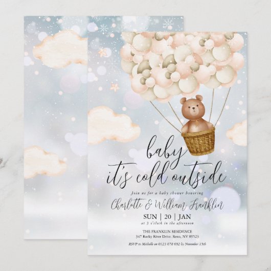 Baby Het Is Koud Teddybeer Winter Babyfeestje Kaart (Voorkant / Achterkant)