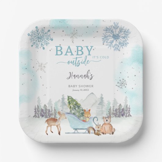 Baby Het is koud winterbos buiten Baby shower Papieren Bordje (Voorkant)