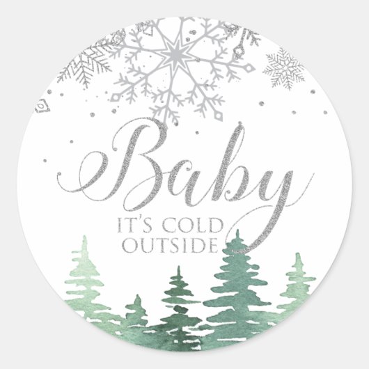 Baby Het is koude sneeuwvlokken en bomen buiten Ronde Sticker (Voorkant)